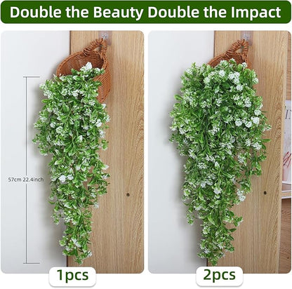 RECUTMS 2Pcs Fake Hanging Plants Artificial Hanging Flowers for Outdoor Decoration Faux White Flowers Artificial UV Resistant Plastic Greenery Vines Ivy for Outdoor Indoor Garden Party Decor（White）