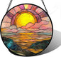 Stained Glass Window Hanging, Sunrise Over The Sea Suncatcher Diamond Glass Panel Hangings Abstract Sun Catchers Decor for Birthday for Women, Men, Wife, Aunt, and Mom 11.8 in