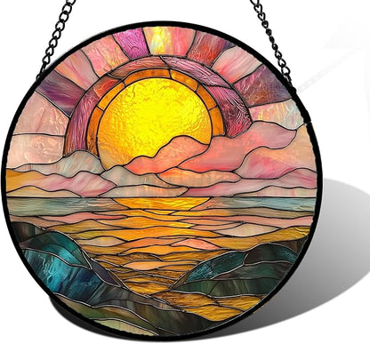 Stained Glass Window Hanging, Sunrise Over The Sea Suncatcher Diamond Glass Panel Hangings Abstract Sun Catchers Decor for Birthday for Women, Men, Wife, Aunt, and Mom 9.8 in