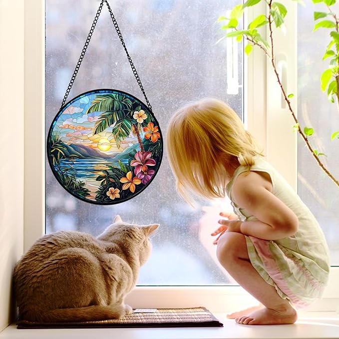 Stained Glass Window Hanging, Colorful Landscape Suncatcher for Doors Home Sun Catchers Decoration and Christmas, Mother's Day Birthday Gifts for Women, Men, and Mom 11.8x11.8 in