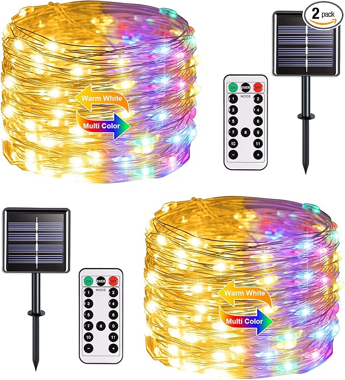 JMEXSUSS 2 Pack Solar Christmas Lights Outdoor Waterproof, 100 LED 33ft Warm White and Multicolor Color Changing Solar Fairy Lights, Copper Wire Solar String Lights for Outside Christmas Decorations