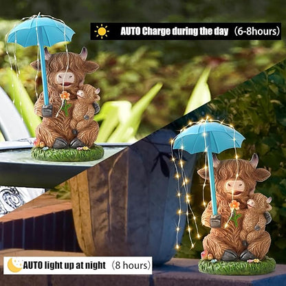 Solar Garden Statues Resin Loving Highland Cow Umbrella Lights Outdoor Decor Gifts for Yard, Patio Decorations