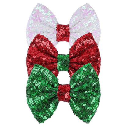 Christmas Hair Accessories - Sequins Bows Alligator Clips with Clips for Girls, Women, Toddlers in Red, White, Green