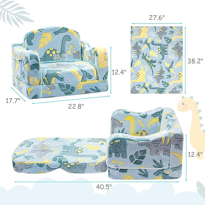 Comfy Toddler Chair and Couch for Kids with Blanket,2-in-1 Soft Plush Fold Out Toddler Couch for Girls and Boys,Convertible Sofa to Lounger for Playroom,Glowing Dinosaur