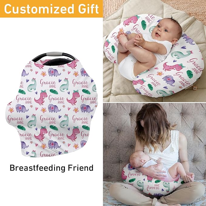 Custom Car Seat Covers for Babies - Breathable Baby Car Seat Cover for Girls Boys, Pink Dinosaur Pattern Kick-Proof Newborn Carrier Canopy Stretchy Stroller Cover for 4 Seasons(27"x29")