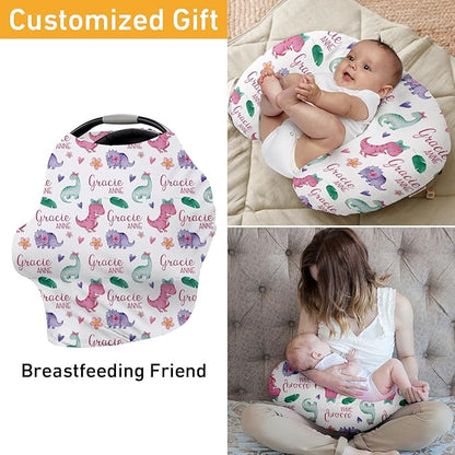 Custom Car Seat Covers for Babies - Breathable Baby Car Seat Cover for Girls Boys, Pink Dinosaur Pattern Kick-Proof Newborn Carrier Canopy Stretchy Stroller Cover for 4 Seasons(27"x29")