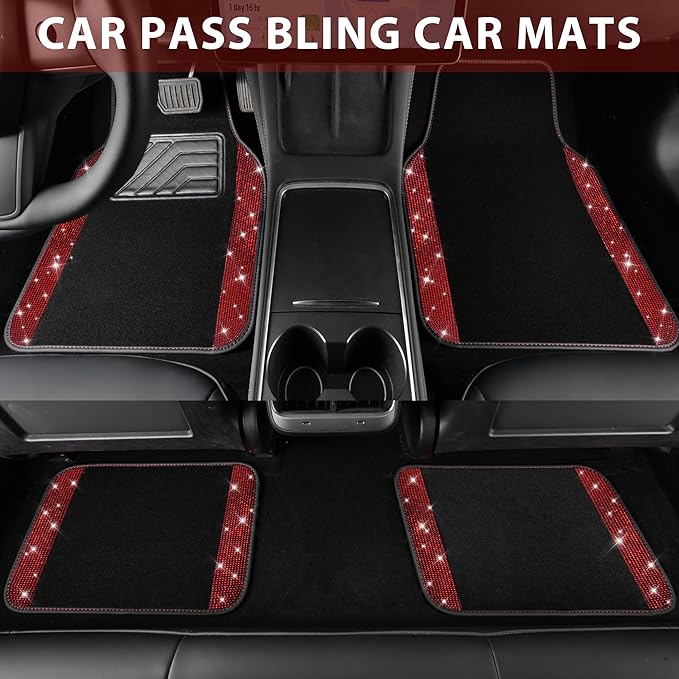 CAR PASS Bling Diamond Car Floor Mats, Shining Rhinestone Carpet Sparkly Glitter Crystal with Anti-Slip PVC Heel Pad Waterproof Universal Fit Automotive SUV,Sedan,Van,Cute Girl Women,4pcs Black Red