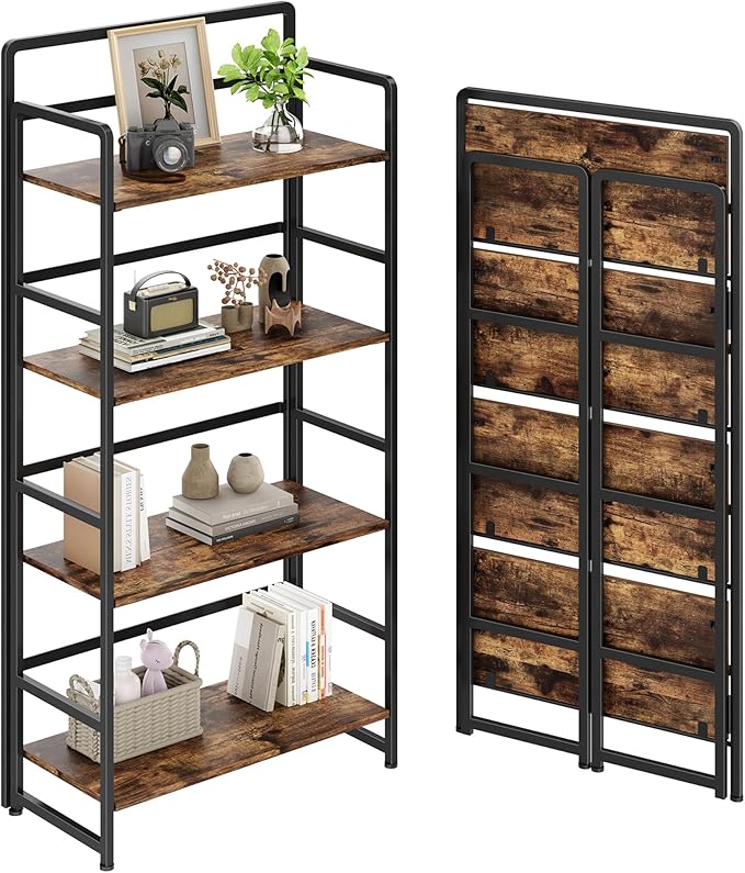 No Assembly Folding Bookshelf, 4 Tiers Collapsible Book Shelf for Home Office, Vintage Wood Foldable Bookcase Storage Organizer for Living Room Bedroom (Rustic Brown)