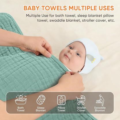 MIGIOL Muslin Hooded Baby Towels 100% Cotton ，Super Soft Muslin Baby Bath Towel - 32 x 32 Inches, Suitable for Newborn and Young Children up to 3 Years Old. (Grey & Green)