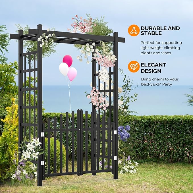 VINGLI Garden Arbor with Gate, PVC Wedding Arch for Ceremony Party, Garden Trellis for Climbing Plants Outdoor, Arch Backdrop Stand for Garden, Backyard, Lawn, Wedding (Black)
