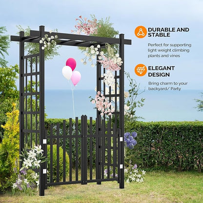 VINGLI Garden Arbor with Gate, PVC Wedding Arch for Ceremony Party, Garden Trellis for Climbing Plants Outdoor, Arch Backdrop Stand for Garden, Backyard, Lawn, Wedding (Black)