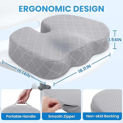 TushGuard Office/Car Seat Cushion, Non-Slip Sciatica & Back Coccyx Tailbone Pain Relief Chair Pad, Memory Foam Butt Pillow for Computer Desk, Wheelchair, Driving (Light Grey, X-Large)