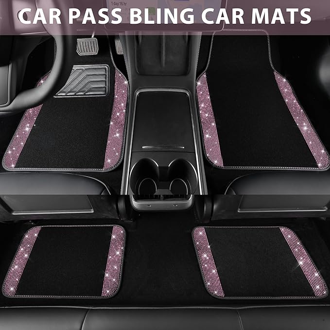 CAR PASS Bling Diamond Car Floor Mat Shining Rhinestones Carpet, Sparkly Glitter Crystal Anti-Slip PVC Heel Pad Automotive Universal Fit for SUV Sedan Car Van, 4pcs for Girl Cute Women, Black Pink
