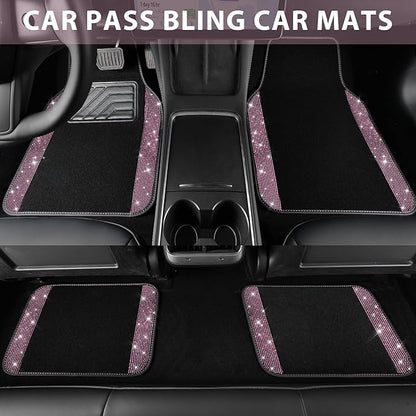 CAR PASS Bling Diamond Car Floor Mat Shining Rhinestones Carpet, Sparkly Glitter Crystal Anti-Slip PVC Heel Pad Automotive Universal Fit for SUV Sedan Car Van, 4pcs for Girl Cute Women, Black Pink