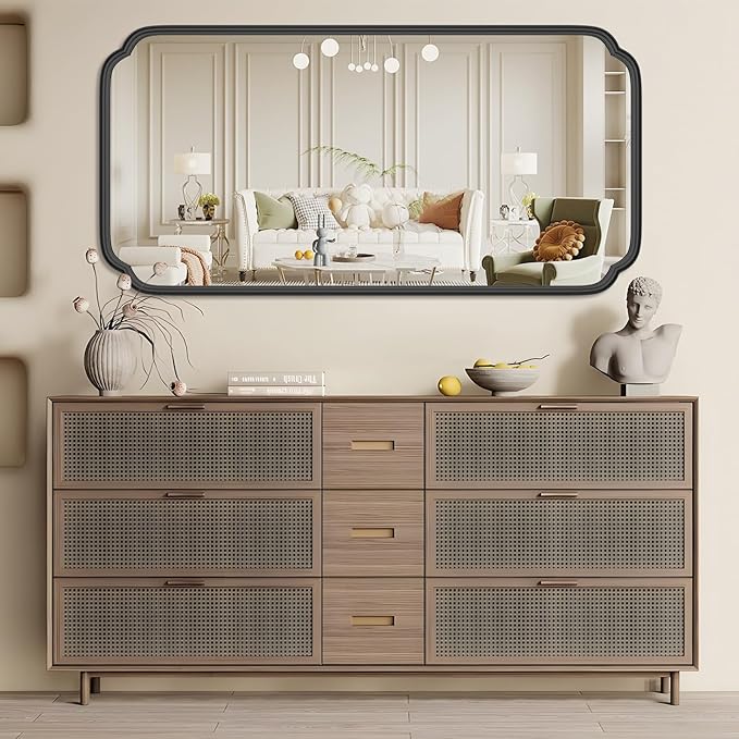 48 x 24 Inch Black Bathroom Vanity Mirror for Wall with Metal Frame Modern Rectangle Rounded Corner Wall Decor Mirror for Big Bathroom Over Sink (Horizontal/Vertical)