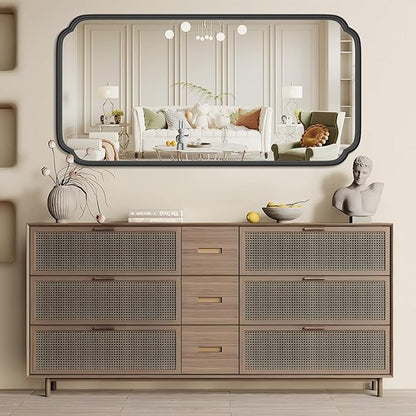48 x 24 Inch Black Bathroom Vanity Mirror for Wall with Metal Frame Modern Rectangle Rounded Corner Wall Decor Mirror for Big Bathroom Over Sink (Horizontal/Vertical)