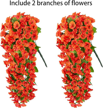 HyeFlora Artificial Fake Fall Hanging Flowers Plants for Outdoor Outside, 2PCS Faux Silk Orange Morning Glory Trailing Vines UV Resistant Look Real for Home Planter Porch Patio