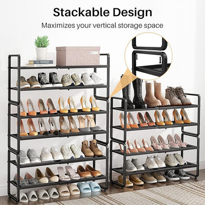 Shoe Rack - Expandable Shoe Organizer for Closet, Adjustable Metal Shoe Shelf Storage, 4 Tier Stackable Long Shoe Stand Holder for Garage, Entryway, Door Entrance, Black