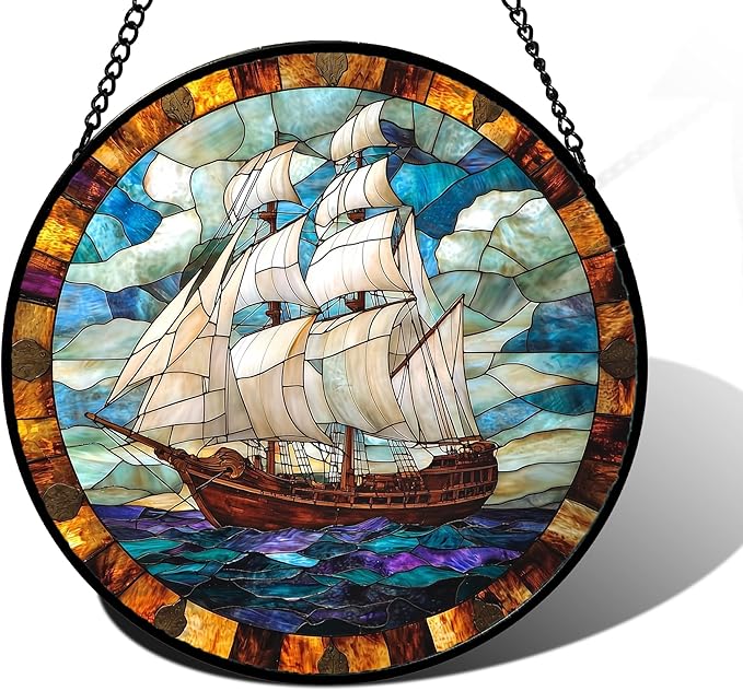 Stained Glass Window Hanging, Sailing Ocean Sun Catchers Glass Panel Navigation Suncatcher Decor for Birthday for Women, Men, Wife, Aunt, and Mom 11.8x11.8 in
