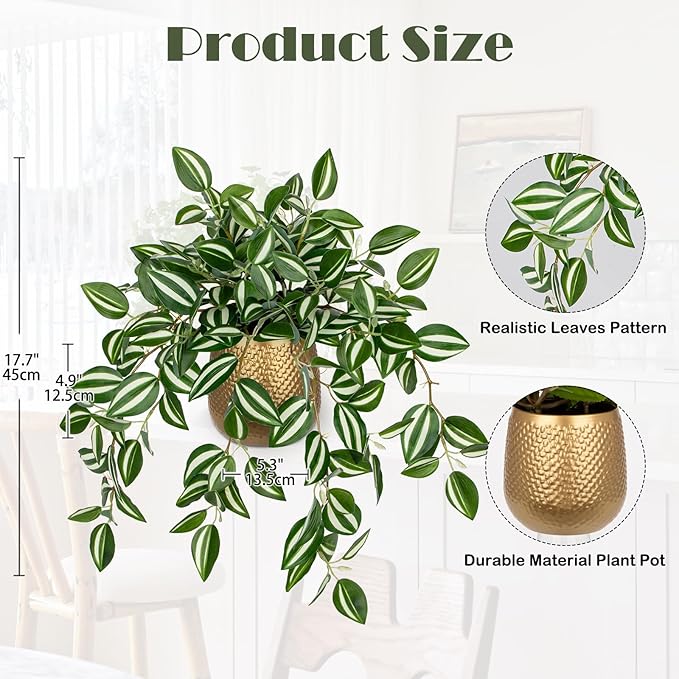 Briful Faux Plants Indoor 17.7in Fake Watermelon Peperomia Plant in Gold Pot with Realistic Silk Green Leaves Artificial Potted Plant for Home Office Table Shelf Desk Modern Room Decor
