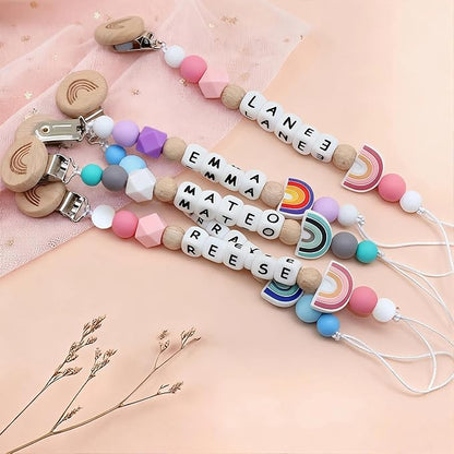 Personalized Pacifier Clip with Name Custom Stroller Clip Silicone Pacifier Chain Holder Clips (Rainbow)