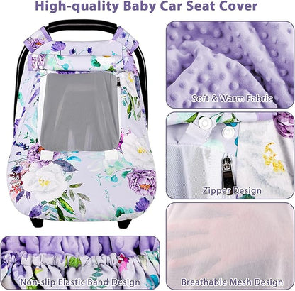 Infant Car Seat Insert & Car Seat Covers for Babies, Purple Baby Car Seat Head Support, Warm Infant Car Seat Cover, Windproof, Floral