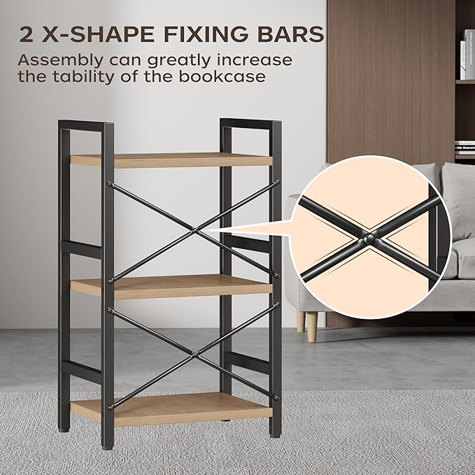 Homeiju Bookshelf, 3 Tier Industrial Bookcase, Metal Small Bookcase, Rustic Etagere Book Shelf Storage Organizer for Living Room, Bedroom, and Home Office(Light Coffee) Patent Pending D29873033