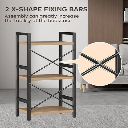 Homeiju Bookshelf, 3 Tier Industrial Bookcase, Metal Small Bookcase, Rustic Etagere Book Shelf Storage Organizer for Living Room, Bedroom, and Home Office(Light Coffee) Patent Pending D29873033