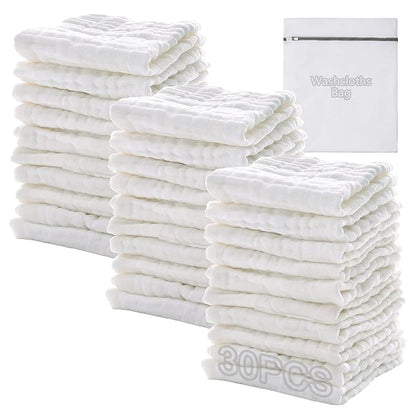 Baby Muslin Soft White Small Washcloths for Newborn Essentials Must Haves Muslin Wash Absorbent Burp Cloths Registry for Your Baby Boy Face Towel And Bath Washcloth Koo-dib 30 Pack Set + Wash Mesh Bag