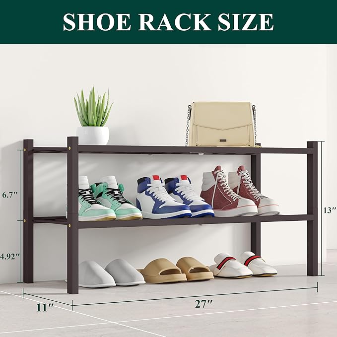 Smiry Shoe Rack, 2 Tier Bamboo Shoe Organizer, Stackable Free Standing Wooden Shoe Storage Shelf for Closet, Entryway, Front Door Entrance, Brown