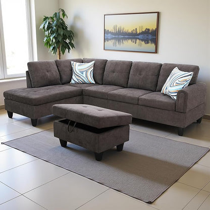 L Shaped Couch Modern Sectional Couch Upholstered Fluffy Fabric 3 Pieces Sofas for Living Room with Chaise, Storage Ottoman for Office and Small Apartment, Dark Brown