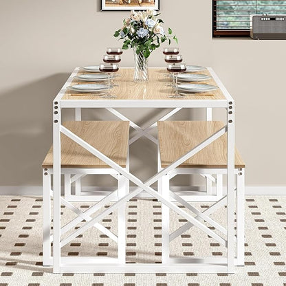 VECELO Kitchen Dining Table Benches Set for 4, 55" Wooden Dinette with 2 Benches, Heavy-Duty Dining Room Table for Small Space, Breakfast Nook, Natural Oak