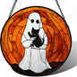 Stained Glass Window Hanging - Halloween Cute White Ghost Black Cat Suncatcher for Doors Garden Home Spooky Orange Sun Catchers Gothic Decor Horror Gift for Women Men Friend Boy Girl 7.8 in