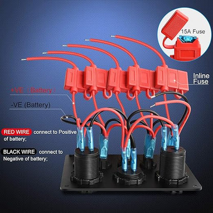 Nilight 90101E 5Gang Multi-Function 5 Gang Rocker Dual USB Charger + Digital Volmeter +12V Outlet Pre-Wired Switch Panel with Circuit Breakers for RV Car Boat Truck Trailer,2 Years Warranty,Blue