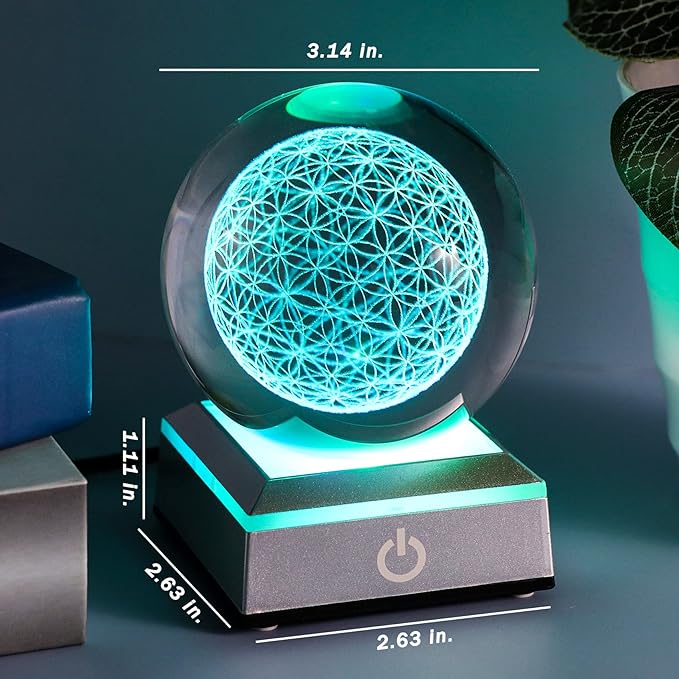 Qianwei Flower of Life Crystal Sphere with Led Colorful Lighting Touch Base, Sacred Geometry Crystal Ball Starlight Magic, Feng Shui Decor Laser Engraved Seek of Flower Inside A Sphere
