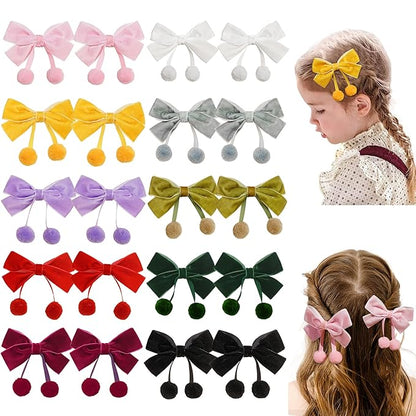 Velvet Bows Clips for Baby Girls, 20pcs 3.7inches Boutique Baby Hair Clips, Tassel Ball Hair Barrettes Alligators for Infants Toddlers Fine Hair