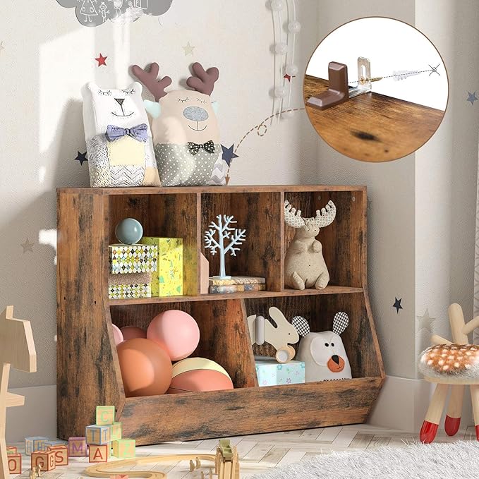 HOOBRO Kids Bookshelf, Bookcase Footboard, Toy Storage Cubby, 35.4" L Children's Toy Shelf, Toy Storage Cabinet, Fit for Children's Room, Playroom, Hallway, Kindergarten, Rustic Brown BF32CW01