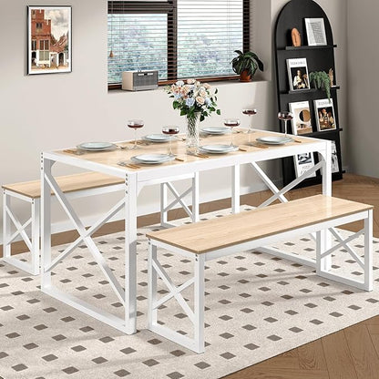 VECELO Kitchen Dining Table Benches Set for 4, 55" Wooden Dinette with 2 Benches, Heavy-Duty Dining Room Table for Small Space, Breakfast Nook, Natural Oak