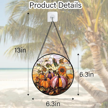 Stained Glass Window Hanging, Pumpkin Sunflower Suncatcher Diamond Glass Panel Sun Catchers Decor for Birthday for Women, Men, Wife, Aunt, and Mom 6.3 in