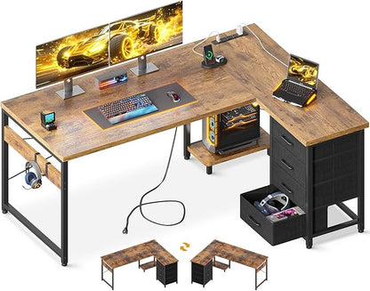 AODK L Shaped Desk with 4 Tier Drawers, 53" Reversible Gaming Desk with Power Outlets, L Shaped Computer Desk with USB Charging Port and Host Stand, Home Office Corner Desk, Easy to Assemble, Vintage