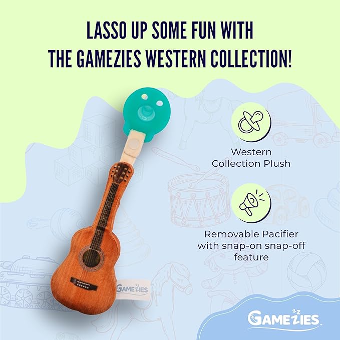 Gamezies Baby Boy and Girl Silicone Guitar Plush Pacifier with Detachable Western Plush Toy Holder, Guita- CPSIA Tested, BPA-Free 0-6 Months