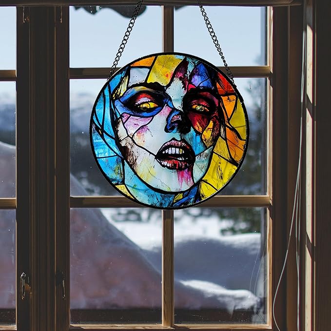 Stained Glass Window Hanging Halloween Horror Night Bloodstained Face Large 15" - Suncatcher Door Garden Sun Catcher Gothic Decor Birthday Evil Funny Gift for Mom Woman Nana Friend Men