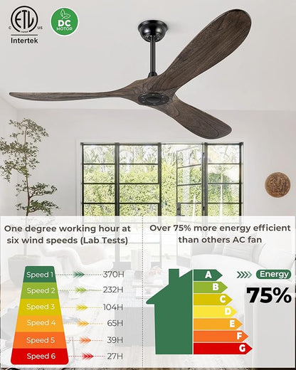 52" Ceiling Fans Without Light, Solid Wood Ceiling Fan with Remote Control and DC Motor, No Light, Modern Ceiling Fan with 3 Blades, Indoor Outdoor for Patios, Bedroom - Deep Brown