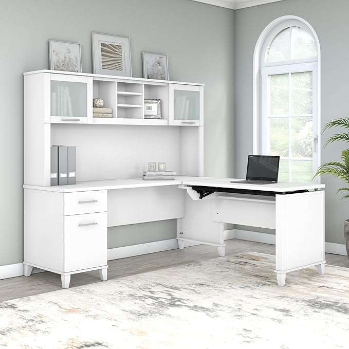 Bush Furniture Somerset 72W 3 Position Sit to Stand L Shaped Desk with Hutch in White
