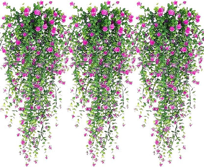 Artificial Hanging Flowers, 3 Pcs Fake Hanging Plants Artificial Vines for Outdoors, Fake Ivy Vine UV Resistant No Fade Faux Plants for Indoor Outside Garden Patio Yard Greenery Decoration (Red)