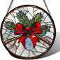 Stained Glass Window Hanging - Pine Branches Red Bow Suncatcher for Doors Home Christmas Decoration Silver Sun Catcher Thanksgiving New Year Birthday Gifts for Women Men Mom Nana 7.8 in