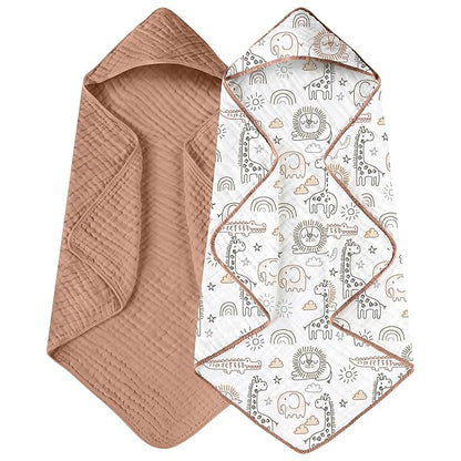 Yoofoss Hooded Baby Towels for Newborn 2 Pack 100% Muslin Organic Cotton Baby Bath Towel with Hood for Babies, Infant, Toddler and Kids, 32x32Inch, Soft and Absorbent Newborn Essential, Giraffe