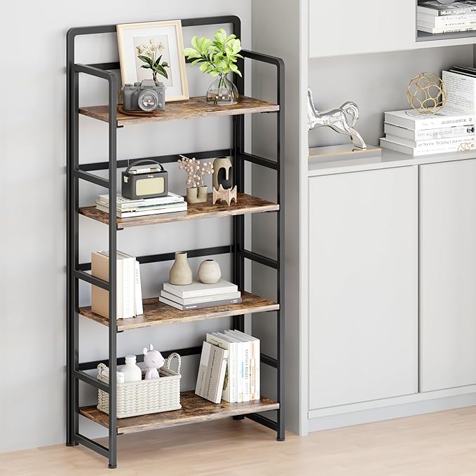 No Assembly Folding Bookshelf, 4 Tiers Collapsible Book Shelf for Home Office, Vintage Wood Foldable Bookcase Storage Organizer for Living Room Bedroom (Rustic Brown)