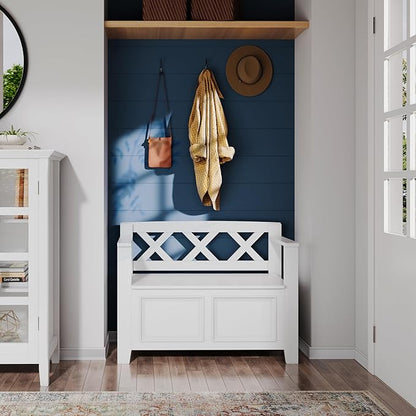 SIMPLIHOME Amherst Entryway Storage Bench - 36 inch Wide Solid Wood Hallway Bench in White, Transitional Bench for Entry or Mudroom with Lift-Up Lid, Storage Compartments and X-Back Detail