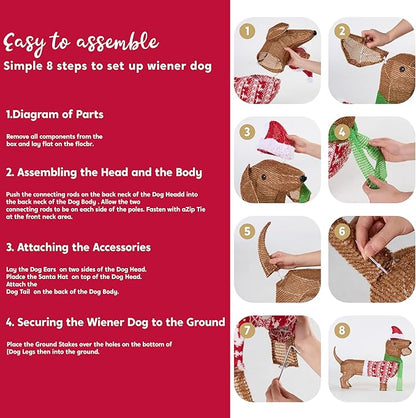 JOYIN Lighted Wiener Dog Christmas Decorations Outdoor, 40 LEDs Warm White Tinsel Dachshund Lights for Christmas Yard Decor, Light Up Xmas Lawn Ornaments with Metal Stakes for Outside Porch Garden